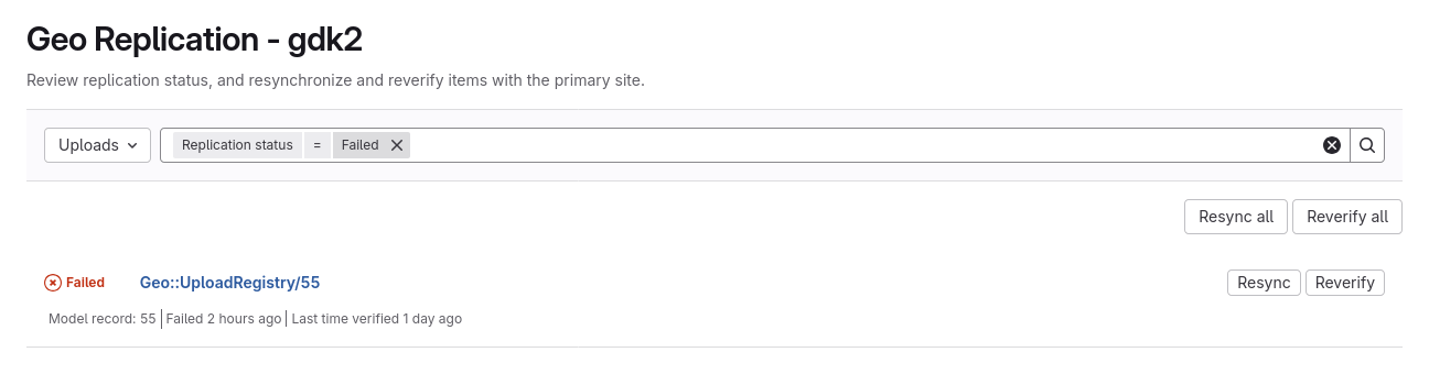The Geo Uploads replicable dashboard displaying all failed errors.