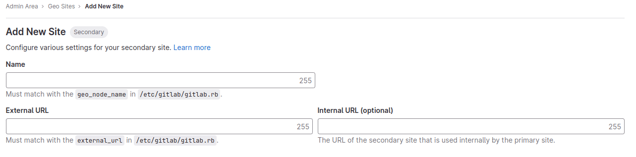 Form to add a new site with three input fields: Name, External URL, and Internal URL (optional).