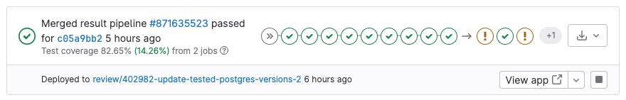 Merged result pipeline status with link to the review app
