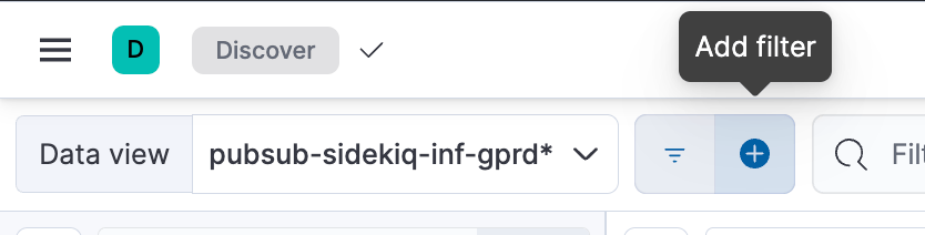 Kibana filter interface ready to add search criteria.