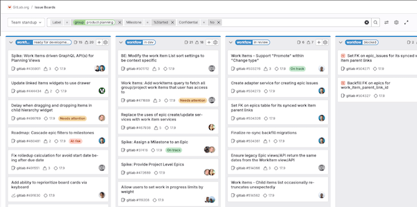 Issue board called "Team stand-up" with workflow lists but no issues.