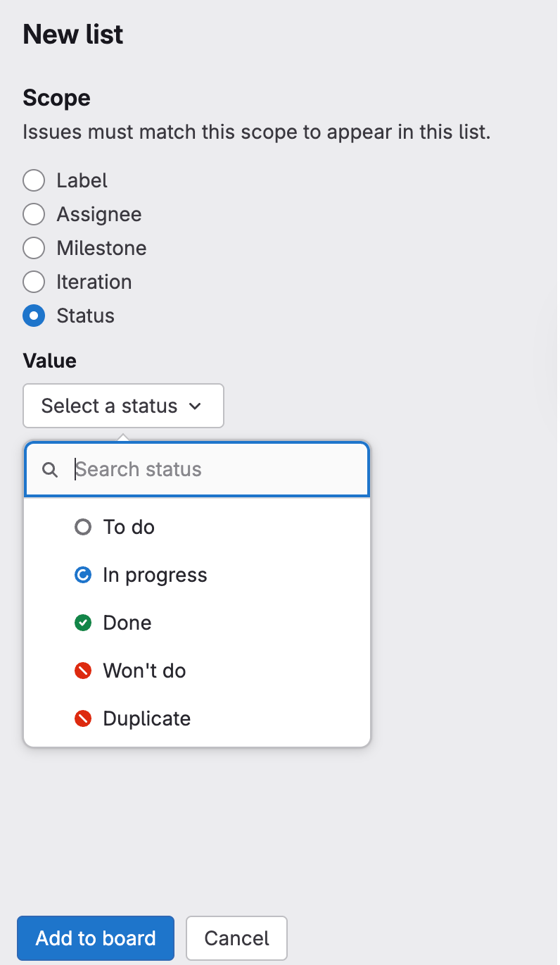 Set the scope of the list to Status.