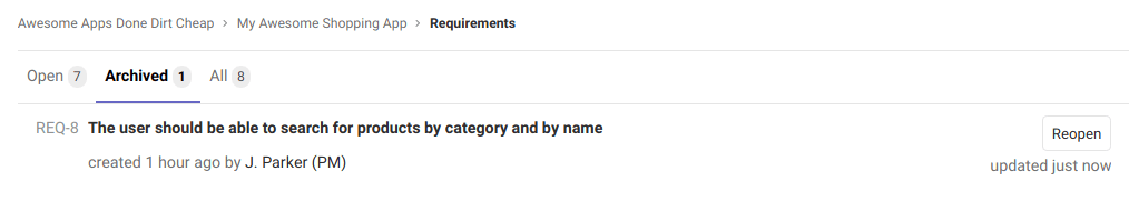 The archived requirements list view.