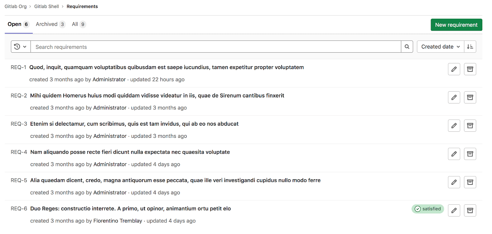 The requirements list view with tabs displaying open, archived, and all requirements.